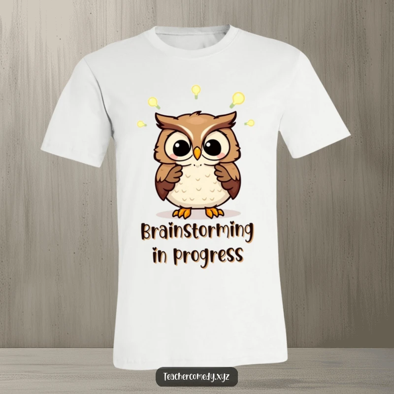 Funny t-shirt of a wise owl illustrating a concept with glowing light bulbs. Represents bright ideas. Great gift.