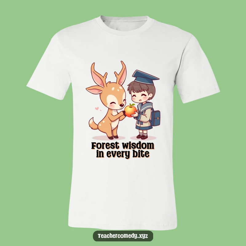 Funny Deer & Student T-Shirt: Gentle Character Shares Glowing Apple.