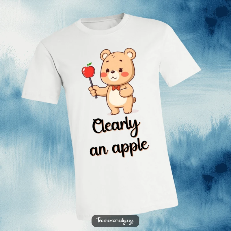 Funny bear character t-shirt, a happy bear with a pointer stick indicating an apple, symbolizing education and fun.