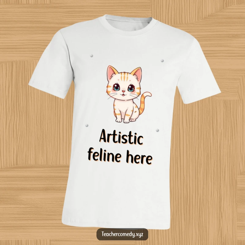 Funny t-shirt with a curious cat intently drawing on a whiteboard, its tail happily wagging.