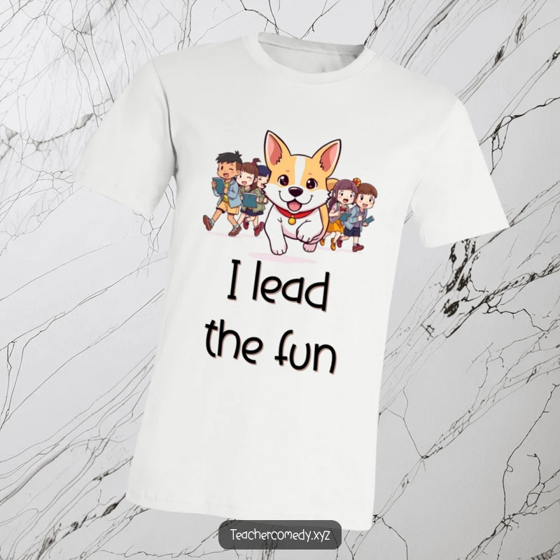 Funny t-shirt depicting a determined dog enthusiastically leading a group of students in a fun, energetic activity, highlighting teamwork.
