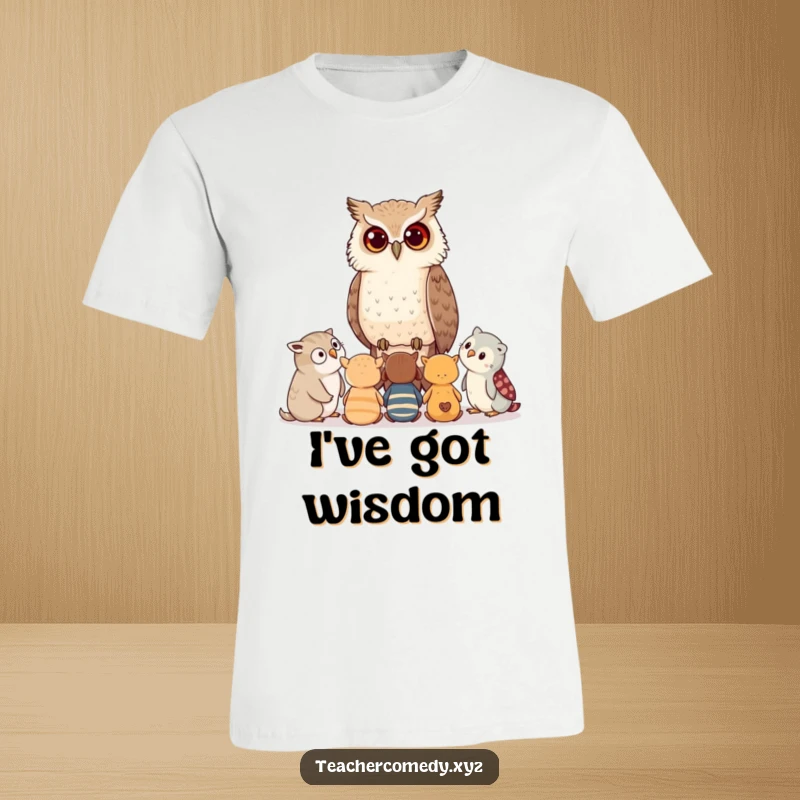 Funny t-shirt depicting a wise owl whispering secrets to a circle of attentive baby animals, representing the sharing of knowledge.