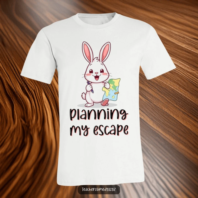 Funny t-shirt depicting a happy rabbit enthusiastically pointing at a map, contemplating a humorous travel destination.