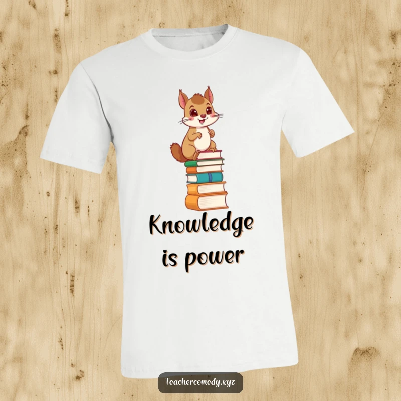 Funny t-shirt showcasing a proud squirrel determinedly climbing a ladder constructed from a pile of books, representing educational ambition.