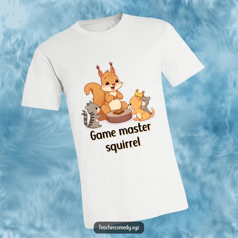 Funny squirrel t-shirt showing a cheerful squirrel teaching younger animals a game, perfect for those who love fun and activities.