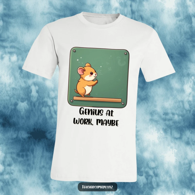 Funny curious hamster scribbling on a huge chalkboard with chalk dust everywhere, a comical scene on a soft cotton t-shirt.