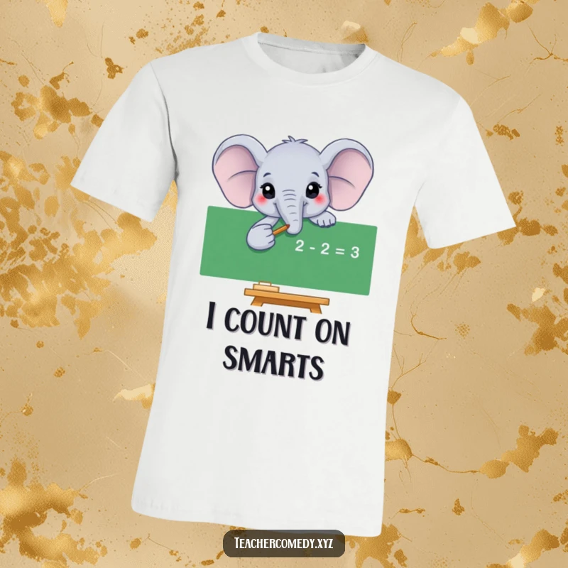 Funny elephant t-shirt showing a smiling elephant pointing to a math equation on a blackboard, symbolizing intellect and humor.