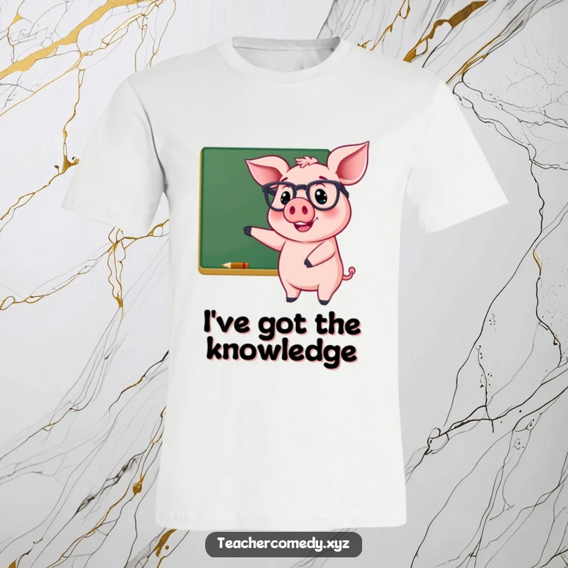 Funny t-shirt with a cheerful pig wearing glasses, smiling and pointing at a chalkboard, a smart and humorous outfit.