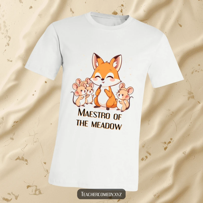Funny t-shirt showcasing a clever fox energetically conducting a choir of tiny, joyful singing mice, celebrating musical woodland creatures.