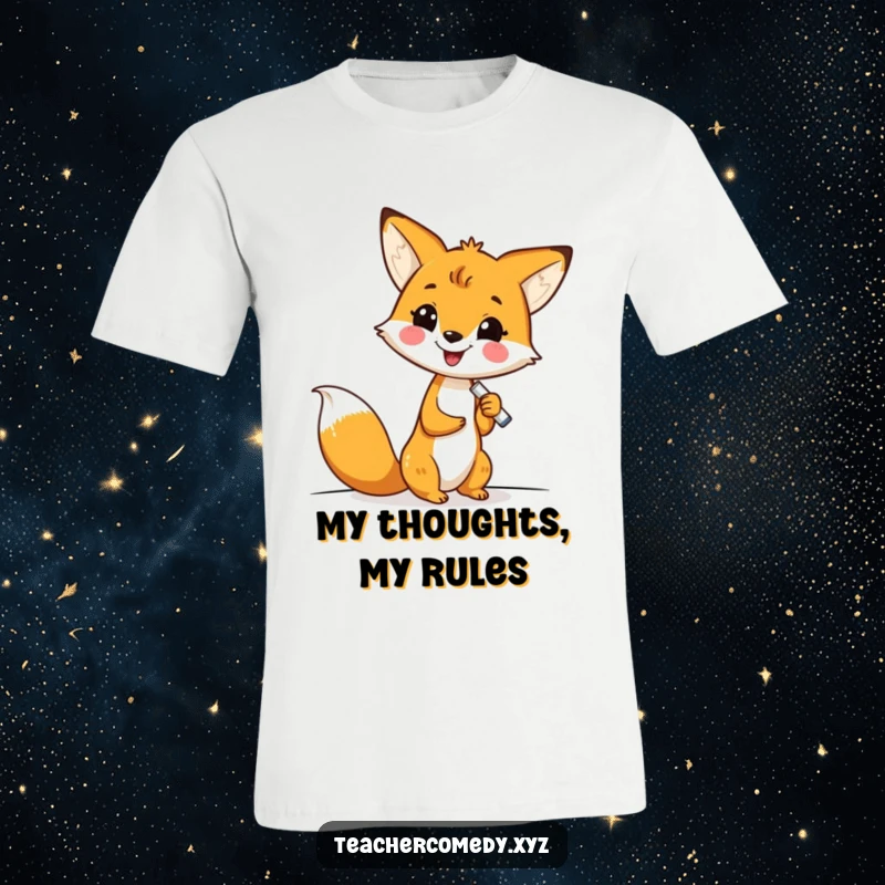 Funny kawaii fox wearing a cheerful expression, writing diligently on a whiteboard with chalk, embodying educational humor on a t-shirt.
