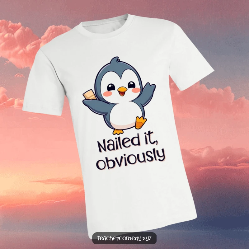 Funny Kawaii Penguin T-Shirt: A cute penguin enthusiastically presents a project with a flourish, showcasing its delightful and proud demeanor.