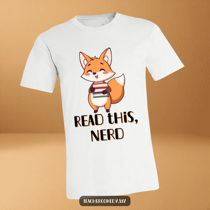 Funny t-shirt featuring a happy fox holding a stack of books and pointing, celebrating the joy of reading with charm.