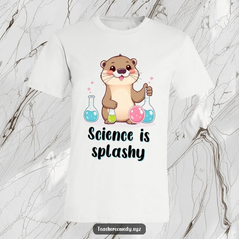 Funny otter character performing a science experiment with bubbling beakers, ideal funny t-shirt.