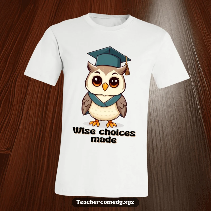 Funny t-shirt featuring a cheerful owl adorned with a graduation cap and gown, celebrating educational achievements with humor.
