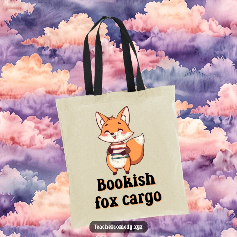 Funny tote bag featuring a happy fox holding a stack of books and pointing, ideal for carrying literary treasures.