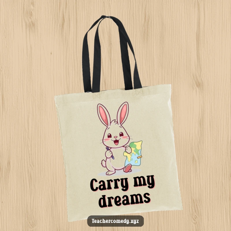 Funny tote bag featuring an excited rabbit pointing at a map with a pointer, ready for humorous expeditions.