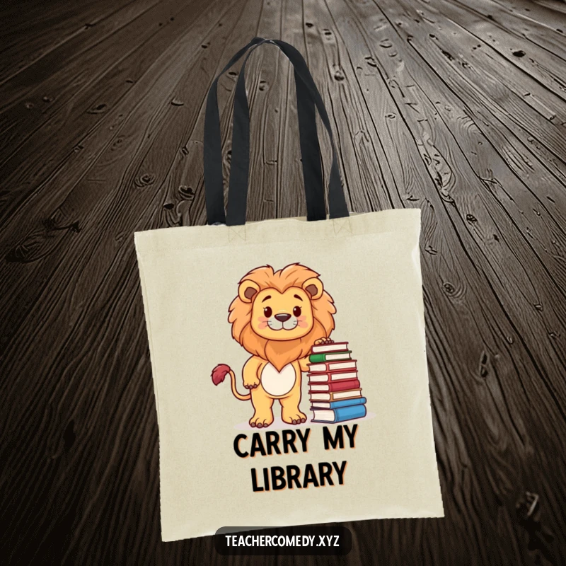 Funny tote bag illustrated with a proud lion character standing by a stack of books, perfect for carrying literary works with style.