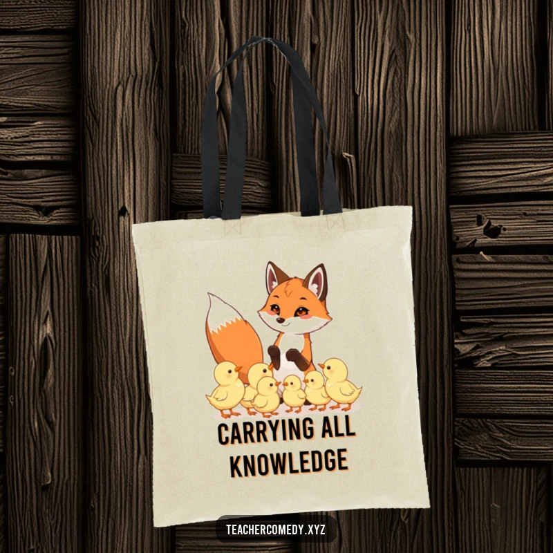Funny tote bag with a playful fox teaching eager chicks, perfect for carrying books and daily items with a humorous, educational theme.