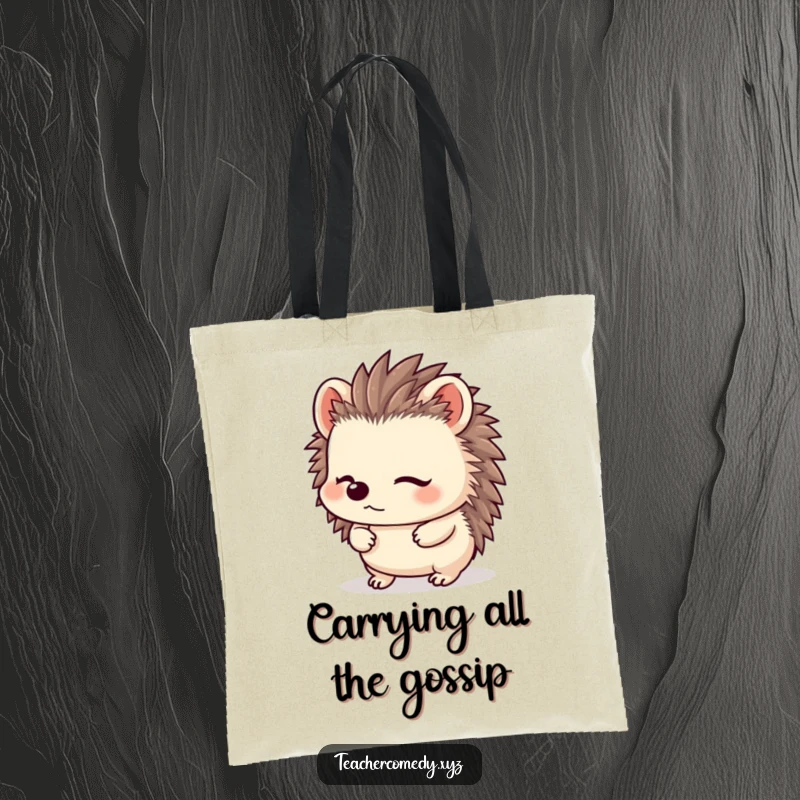 Funny Kawaii Hedgehog Tote Bag: A content hedgehog with perked ears listens intently, ready to carry your belongings with funny reliability.