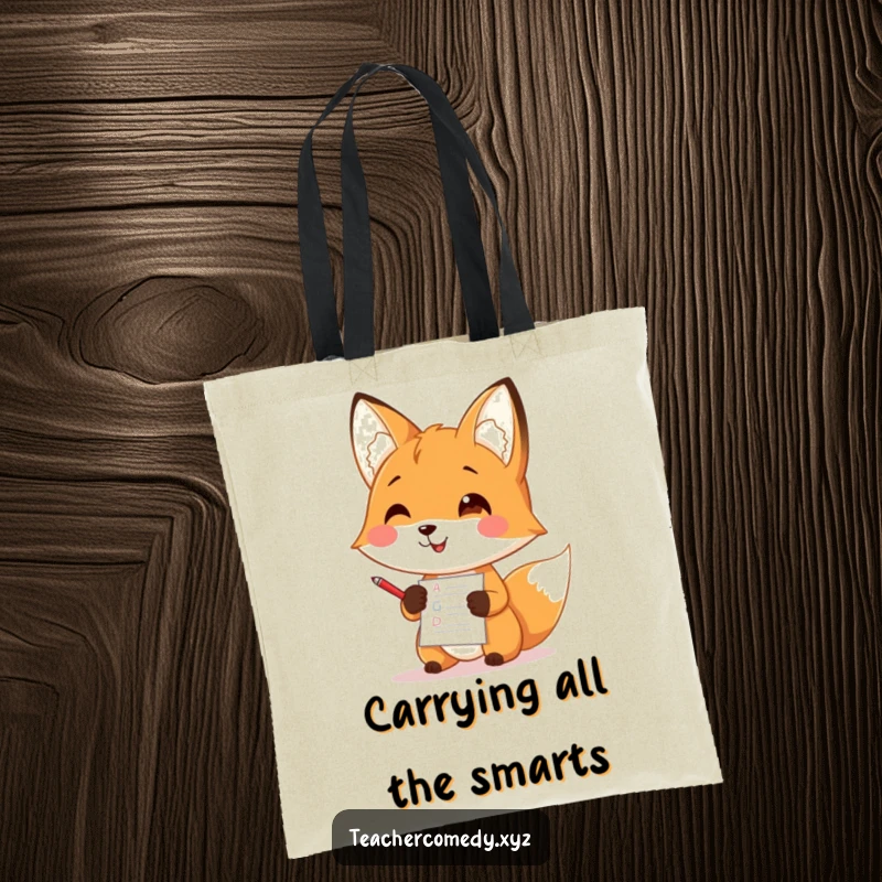 Funny tote bag showcasing a happy fox diligently grading papers with a tiny red pen, ready for any task.
