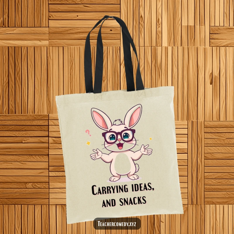 Funny tote bag with a bunny wearing spectacles, energetically explaining a concept with wide, expressive hand gestures.
