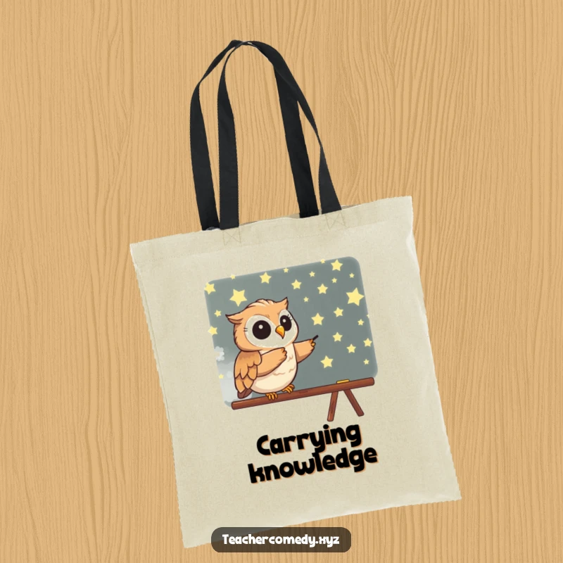 Funny tote bag with a wise owl pointing energetically at a star-covered blackboard, ideal for carrying books and inspiration.