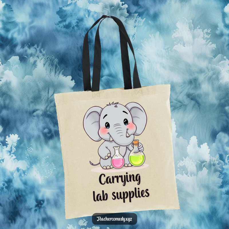 Funny tote bag showcasing a smiling elephant scientist in a lab coat, holding a flask for a science experiment.