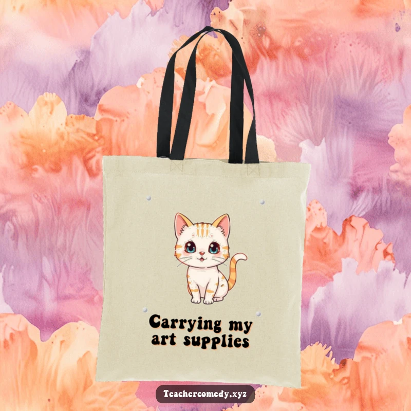 Funny tote bag with a curious cat drawing on a whiteboard, its tail wagging with artistic flair.