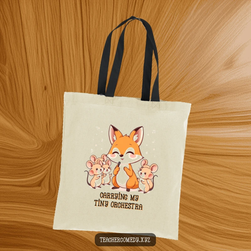 Funny tote bag featuring a clever fox leading a harmonious choir of singing mice, perfect for stylish, humorous carrying.