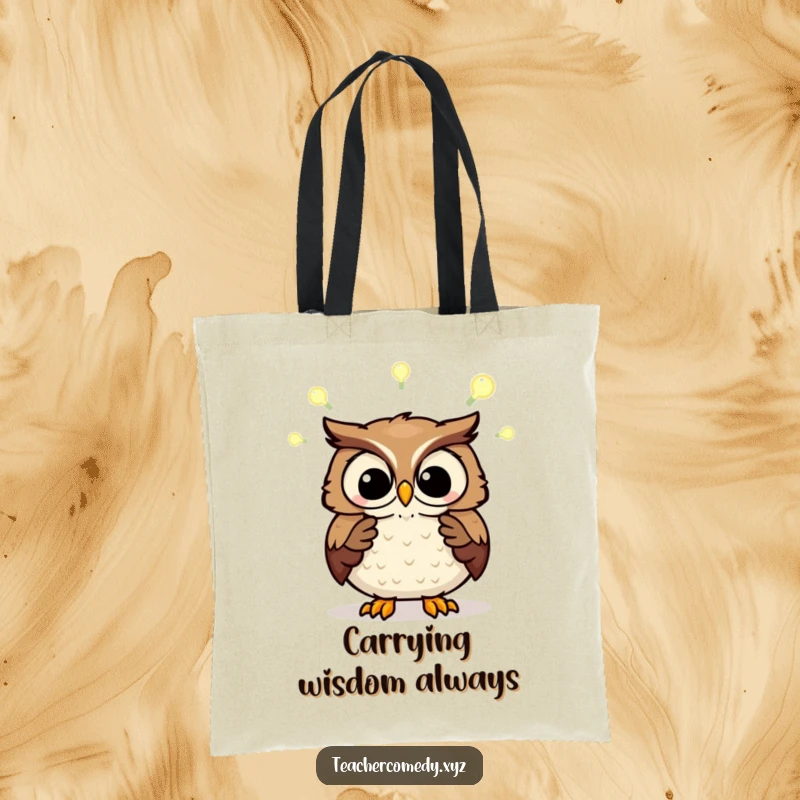 Funny tote bag with a wise owl explaining concepts via light bulbs. Great for carrying books and ideas.