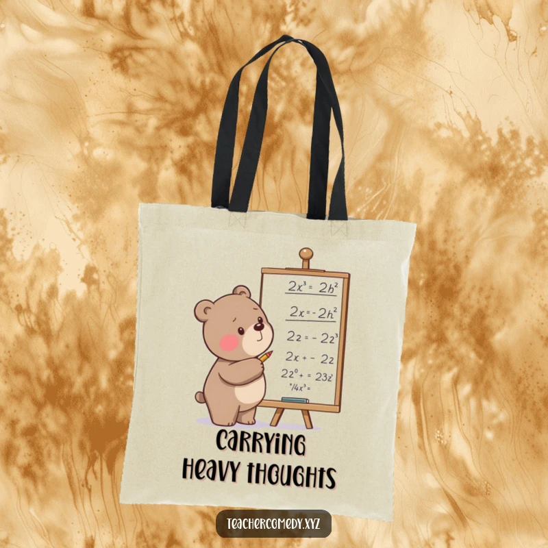 Funny tote bag with a determined bear scribbling equations on a whiteboard, perfect for carrying books and academic essentials with humor.
