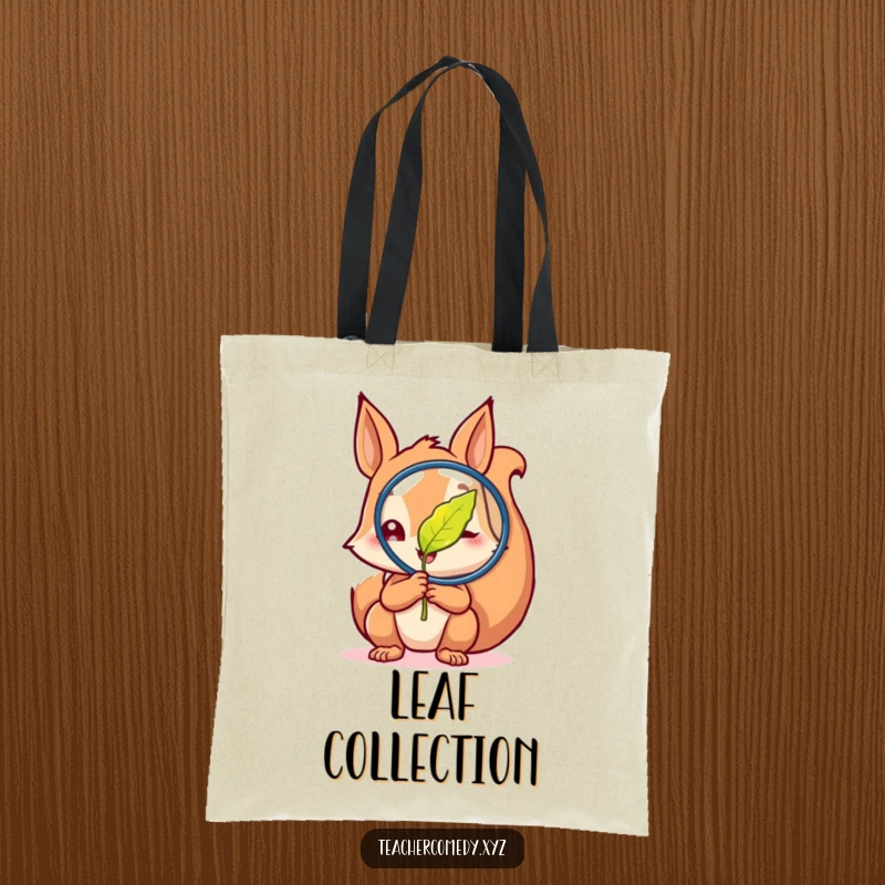 Funny tote bag illustrated with a curious squirrel examining a magnified leaf with great glee, perfect for nature lovers and researchers.