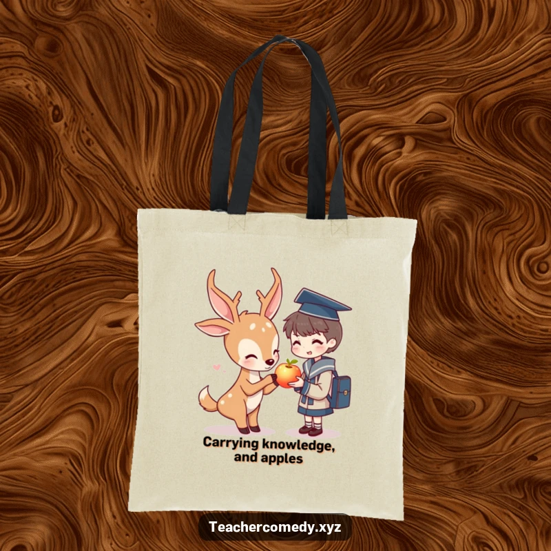 Funny tote bag art: a gentle deer offers a bright apple to a student, representing knowledge and a shared moment.