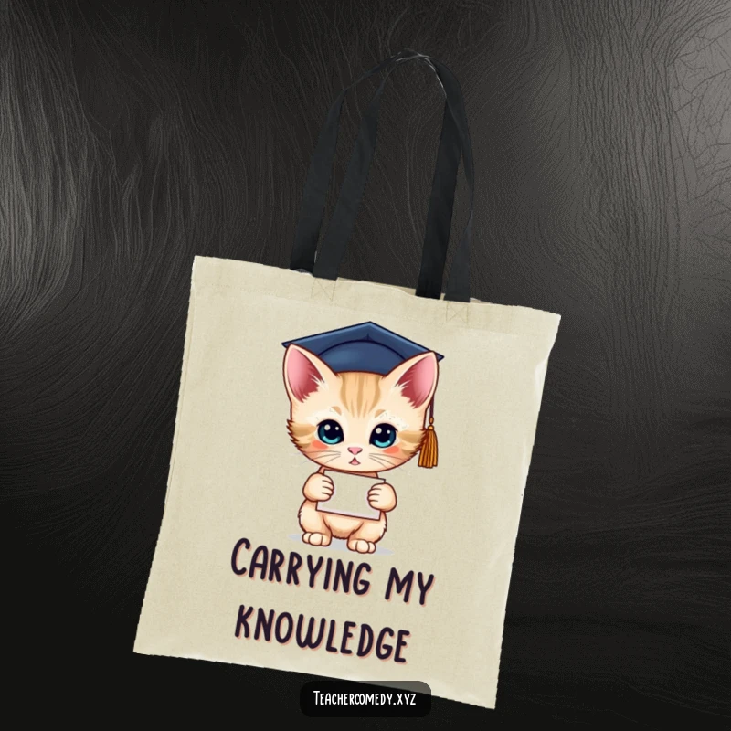 Funny tote bag with a curious kitten in a graduation cap, holding a diploma. Perfect for carrying essentials.