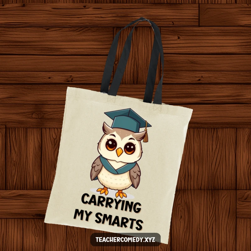 Funny tote bag featuring a cheerful owl wearing a graduation cap and gown, ideal for students carrying books and essentials.