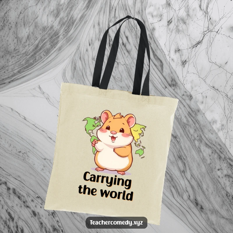 Funny Hamster Tote Bag: A playful hamster points to a world map, a cute and functional bag for carrying travel plans and dreams.