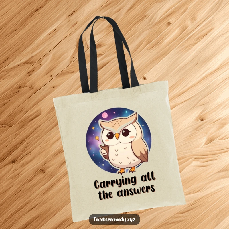 Funny Huffy Owl Tote Bag: A huffy owl points at a galaxy map, a humorous and practical carrier.