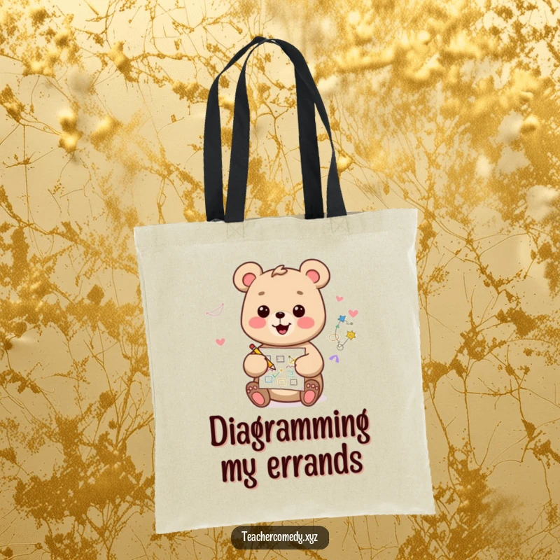 Funny kawaii bear tote bag, happy and artistic, drawing a diagram, perfect for carrying art supplies and daily items.
