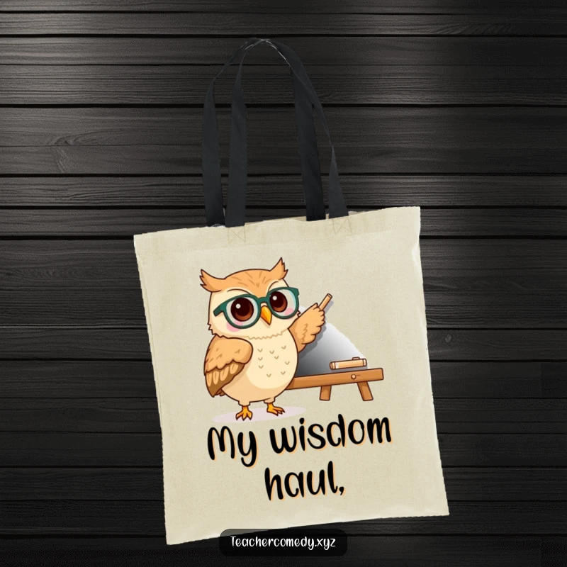 Funny kawaii owl with glasses pointing at a chalkboard, a humorous and practical tote bag for book lovers and educators.