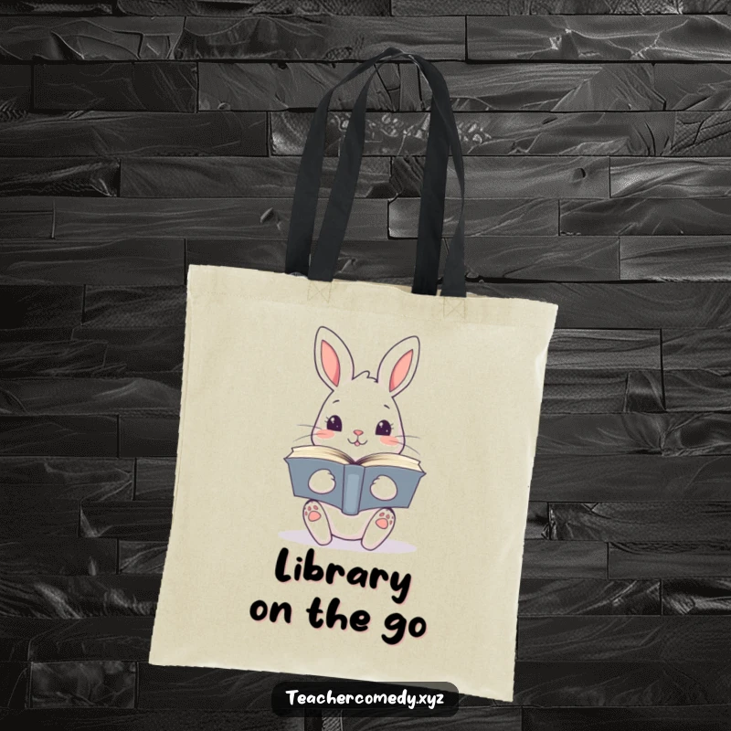 Funny kawaii rabbit with a stack of open books, showcasing a love for literature, a durable and humorous tote bag for bookworms.