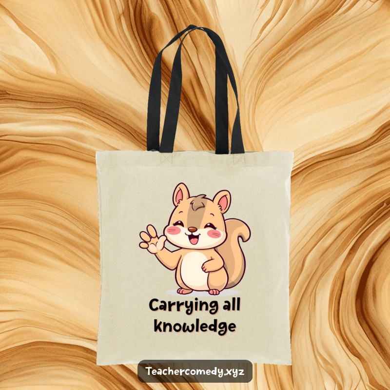 Funny kawaii squirrel tote bag, beaming and cute, raising a paw to answer, perfect for carrying essentials with charm.