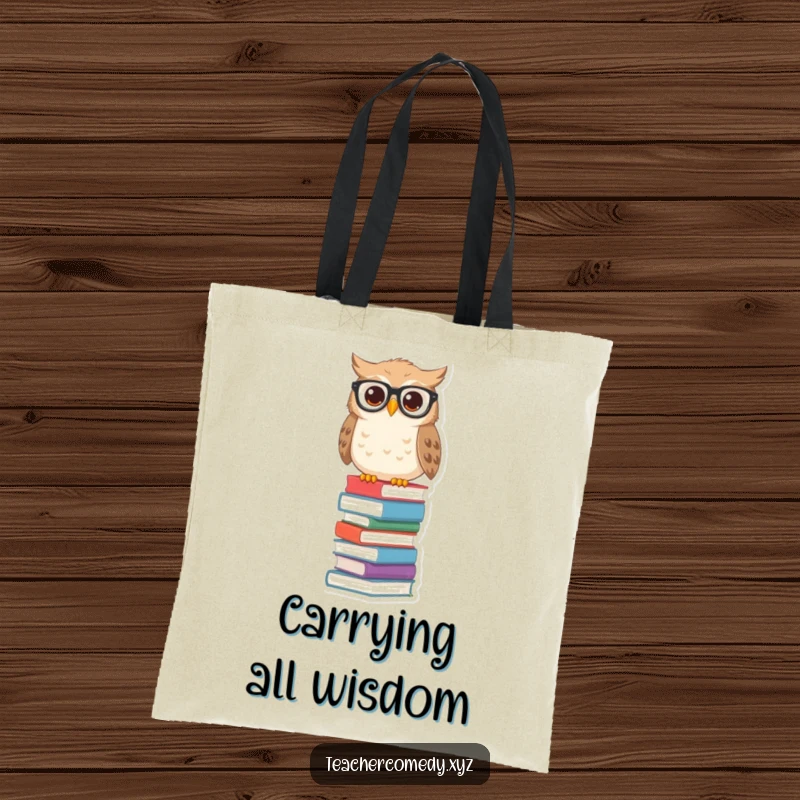 Funny owl tote bag with spectacles on a tall stack of books, ideal for carrying books and literary essentials.