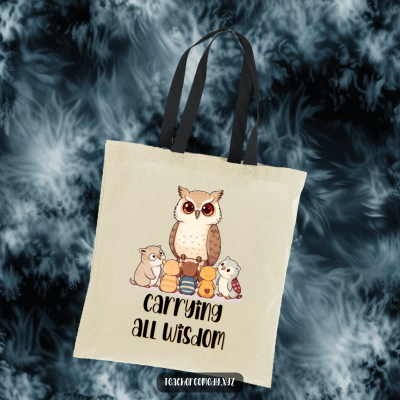 Funny tote bag featuring a wise owl sharing advice with young animals, symbolizing the transfer of knowledge and learning.
