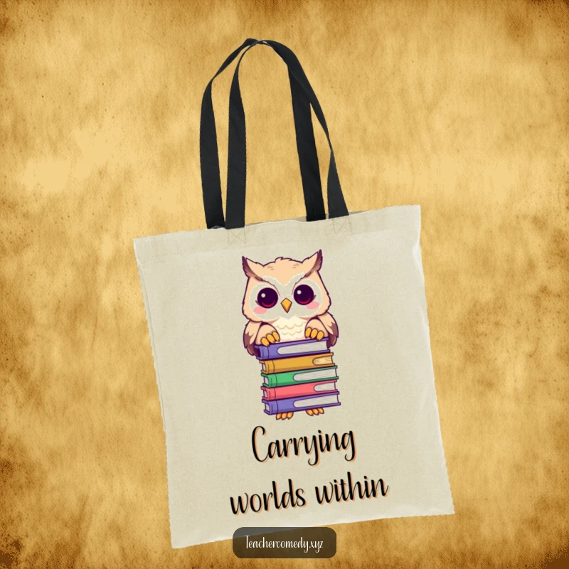 Funny tote bag with a playful owl character peeking over a stack of books, ready to carry your literary finds.