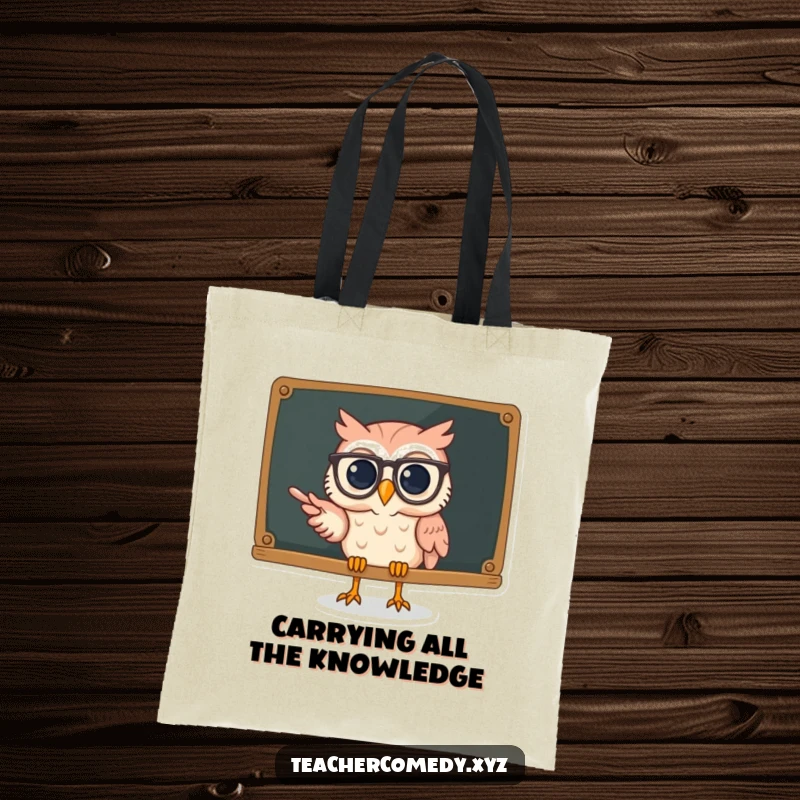 Funny owl tote bag with a spectacled owl pointing excitedly at a chalkboard, perfect for carrying books and knowledge.