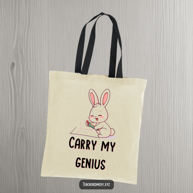 Funny rabbit artist tote bag, illustration of a giggling rabbit drawing on a giant piece of paper with a crayon, perfect for artists.