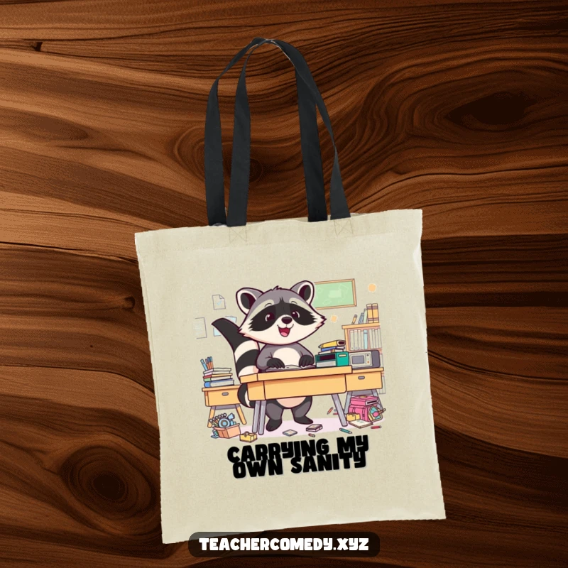 Funny Raccoon Tote Bag: A triumphant raccoon victoriously cleans a messy desk, a practical and humorous accessory.