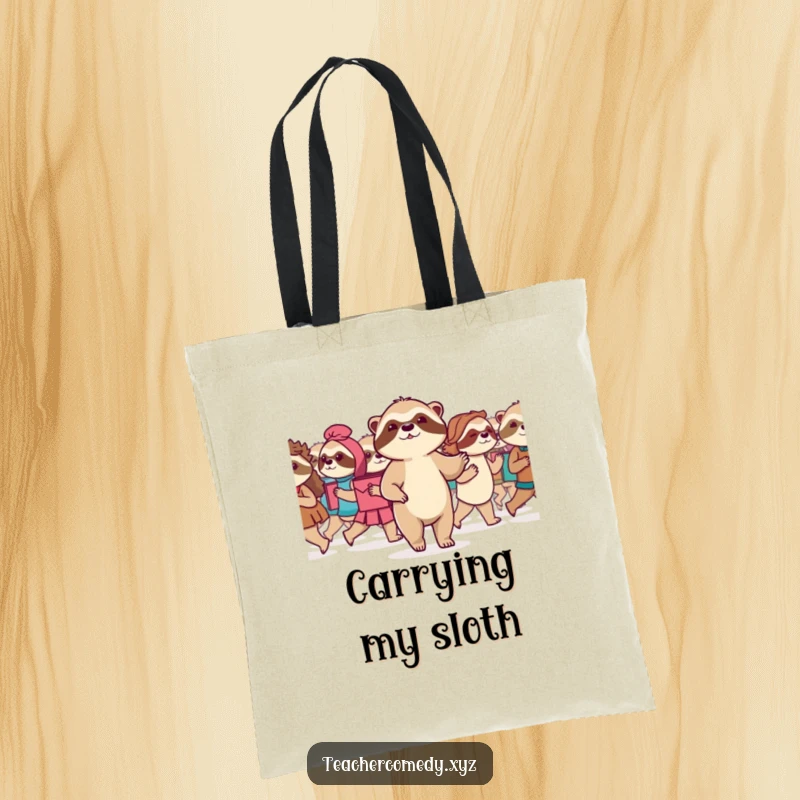 Funny Sloth Tote Bag: A serene sloth leads a class in a slow march, a cute and functional bag for carrying books and inspiration.