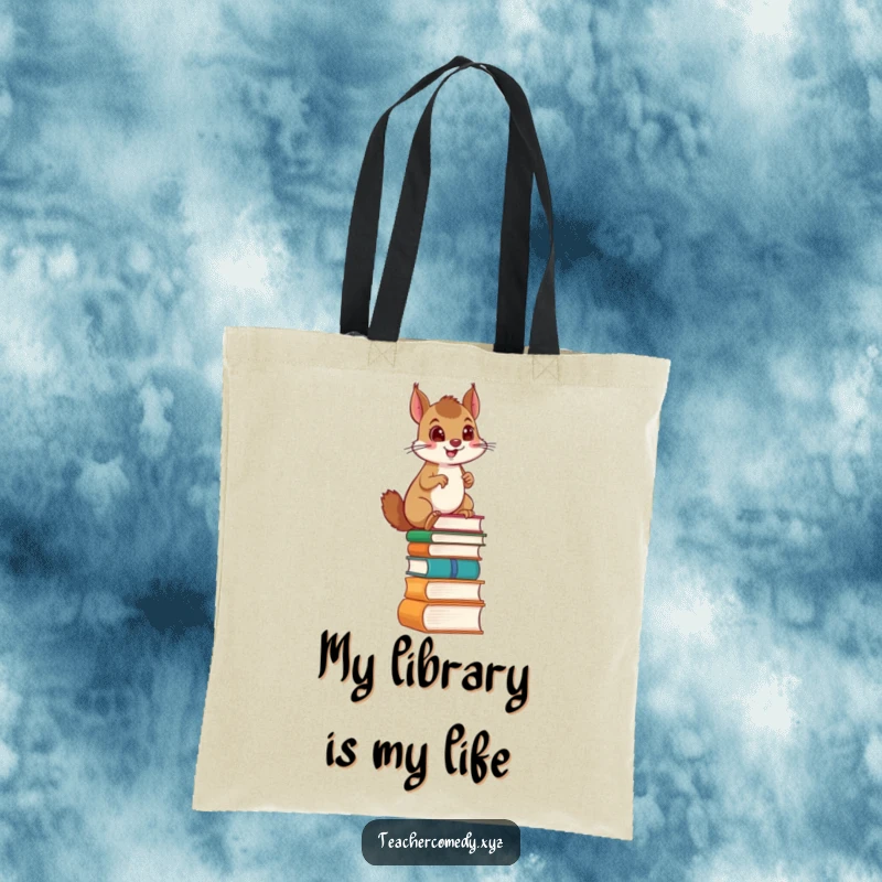 Funny tote bag depicting a proud squirrel determinedly scaling a ladder made of books, ideal for carrying literary treasures.