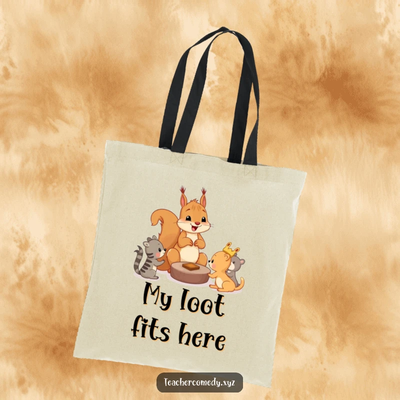 Funny squirrel tote bag showing a cheerful squirrel teaching younger animals a game, ideal for carrying supplies and fun items.